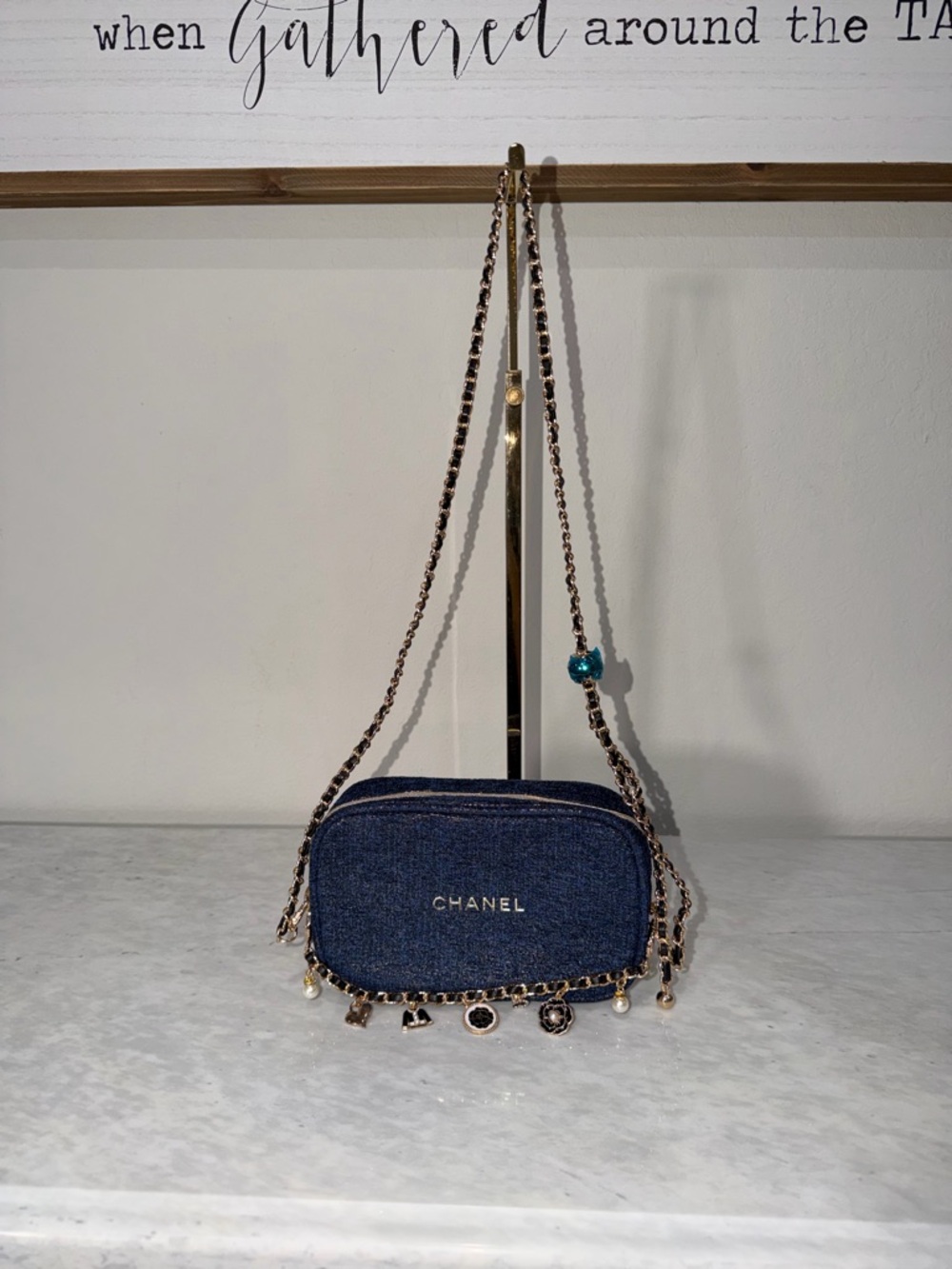 GWP Dark Blue Denim Crossbody Bag with Gold Chain and Charms